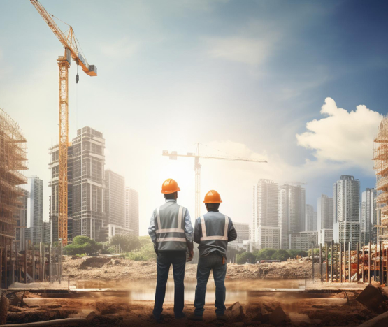 Two construction workers overlooking a large construction site